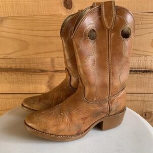 VTG 70s Kids Acme Boots 11.5B Thrashed Western Brown‎ Stitched Cowboy